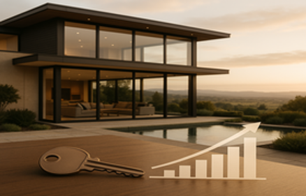 A modern luxury home with a pool at sunset, with a house key and upward-trending financial chart in the foreground representing jumbo loan success